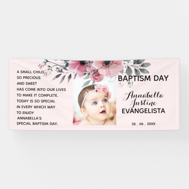 Floral BAPTISM DAY Soft Pink/Gray Event Party Banner (Horizontal)