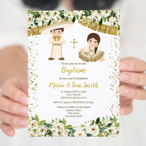 Floral Baptism Fiesta Twin Invitation