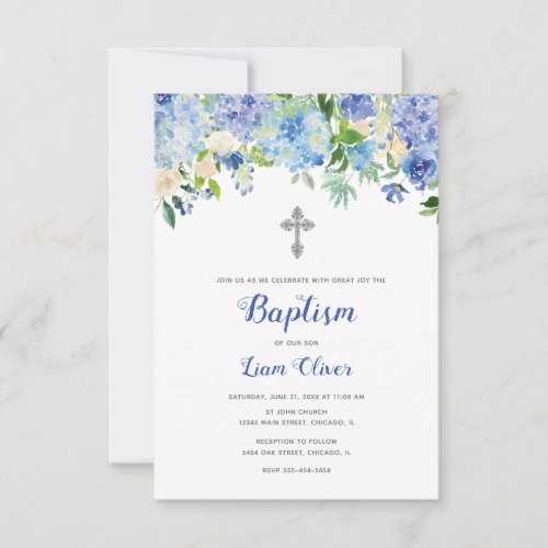 Floral Baptism Invitation Blue Silver
