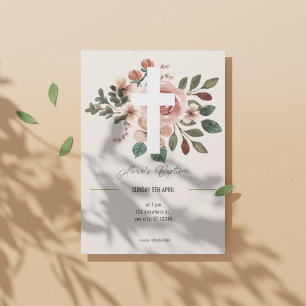 Floral Baptism Invitation with Elegant Cross