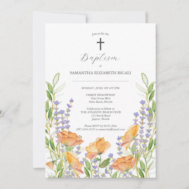 Floral Baptism Invitations Watercolor Wildflowers (Front)