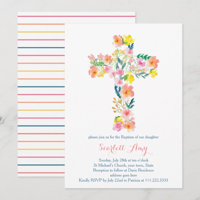 floral Baptism invites, pink yellow Cross invites (Front/Back)