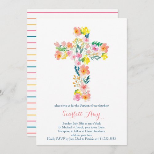 floral Baptism invites pink yellow Cross invites