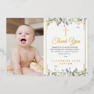 Floral Baptism Photo Gold Foil Thank You Card