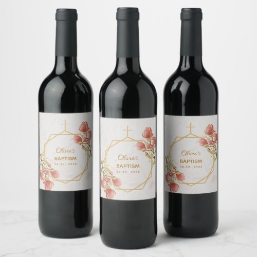 Floral Baptism Pink Magnolia Gold Marble Geometric Wine Label