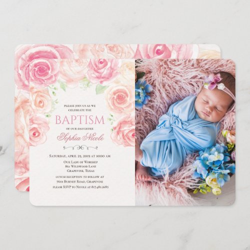 Floral Baptism Watercolor Photo Invitation