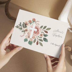 Floral Baptism with Cross Flat RSVP Card