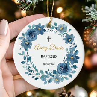 Floral Baptized Personalized Name and Date Ceramic Ornament