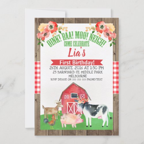 Floral barnyard farm birthday invitation