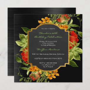Floral Baroque Birthday Gold Frame Black Glam Red Invitation