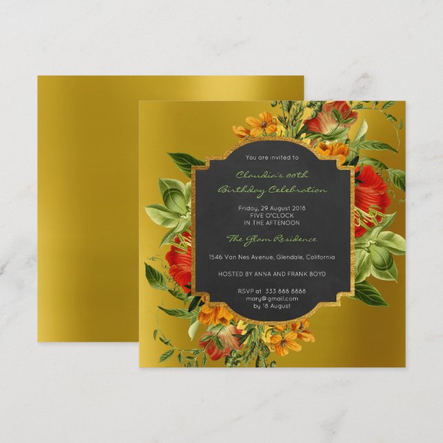 Floral Baroque Birthday Gold Frame Black Mustard Invitation (Front/Back)