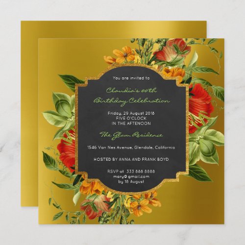 Floral Baroque Birthday Gold Frame Black Mustard Invitation