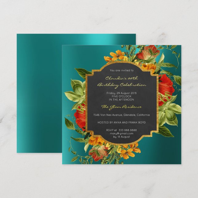Floral Baroque Birthday Gold Frame Tropical Teal Invitation (Front/Back)