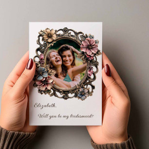 Floral Baroque Oval Photo Bridesmaid Proposal Invitation