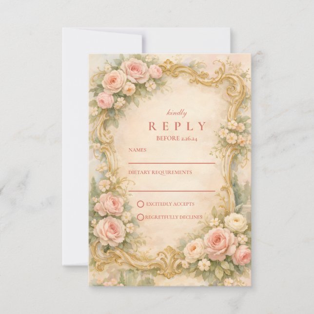 Floral Baroque Rose Gold Wedding RSVP Card (Front)