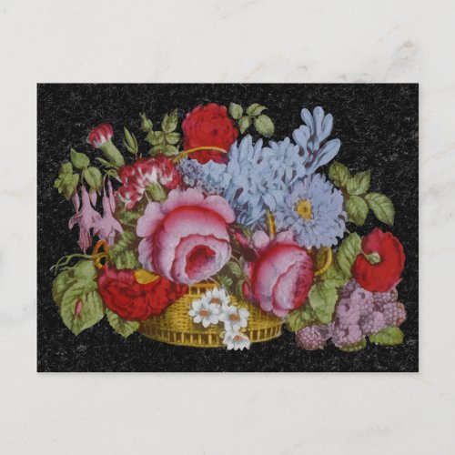 Floral basket on black marble background postcard