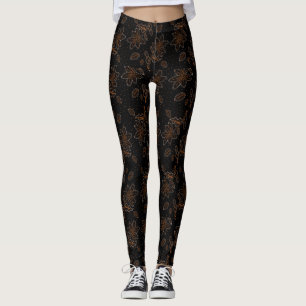 Floral Batik Pattern Dot Gold Black Leggings