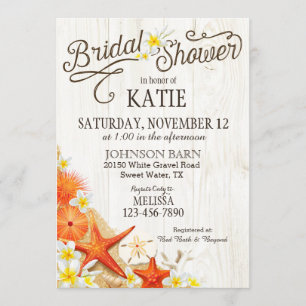 Floral Beach and Seashells Rustic Bridal Shower Invitation