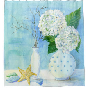 Floral Beach Hydrangea Cottage Starfish Sea Glass Shower Curtain