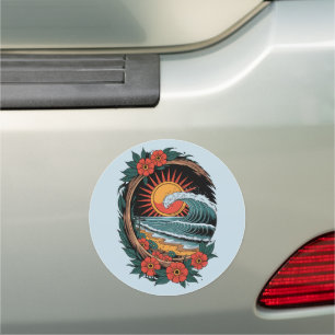Floral Beach Lover Sunset Vacation Gift Retro Car Magnet