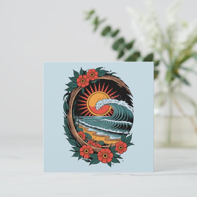 Floral Beach Lover Sunset Vacation Gift Retro Invitation (Standing Front)