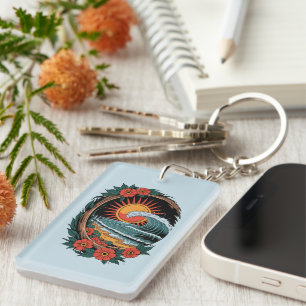 Floral Beach Lover Sunset Vacation Gift Retro Keychain