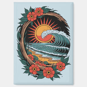 Floral Beach Lover Sunset Vacation Gift Retro Magnet