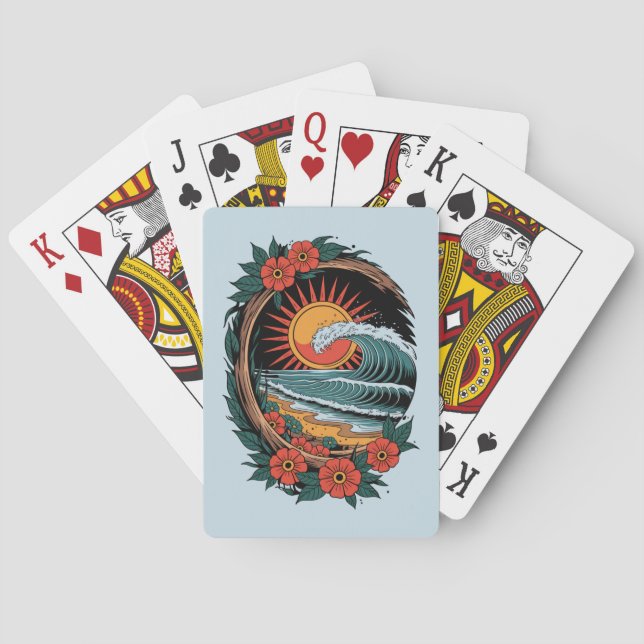 Floral Beach Lover Sunset Vacation Gift Retro Poker Cards (Back)