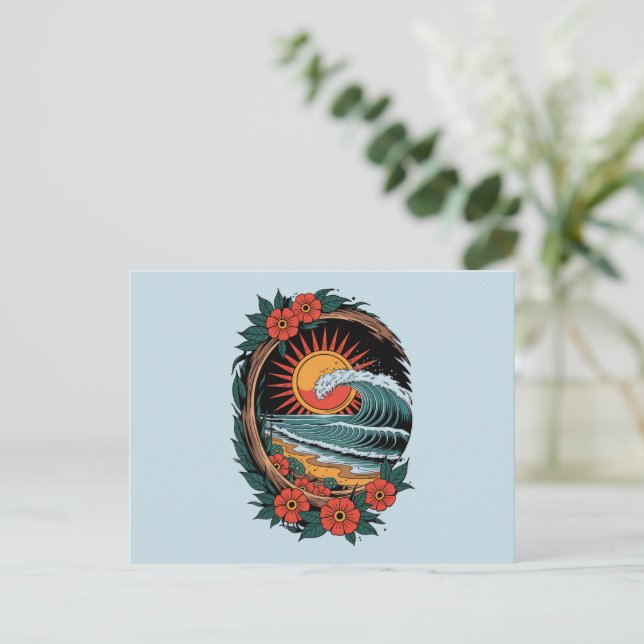 Floral Beach Lover Sunset Vacation Gift Retro Postcard (Standing Front)