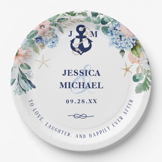 Floral Beach Nautical Happily Ever After Wedding Paper Plates (Front)