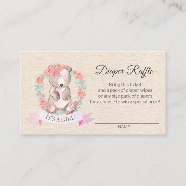 Floral Bear Baby Shower Diaper Raffle Ticket (Front)
