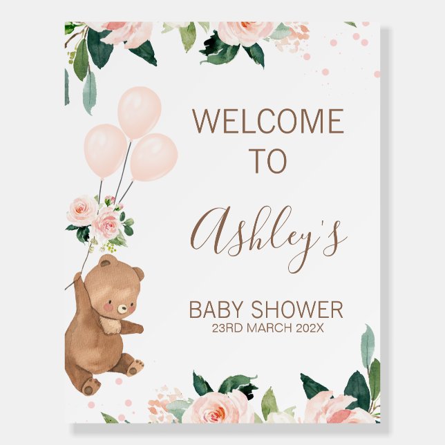 Floral Bear Balloon Baby Shower Welcome Board (Front)