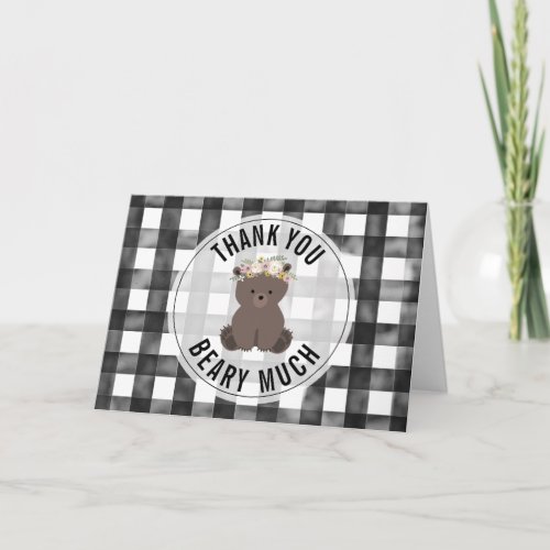 Floral Bear Black  White Gingham Thank You Card