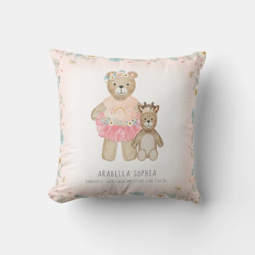 Floral Bear n Deer Baby Girl Birth Info Watercolor Throw Pillow