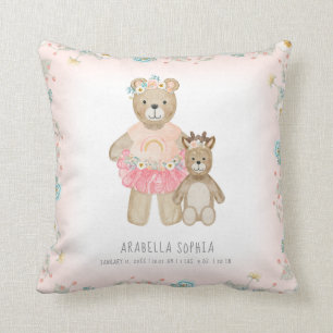 Floral Bear n Deer Baby Girl Birth Info Watercolor Throw Pillow
