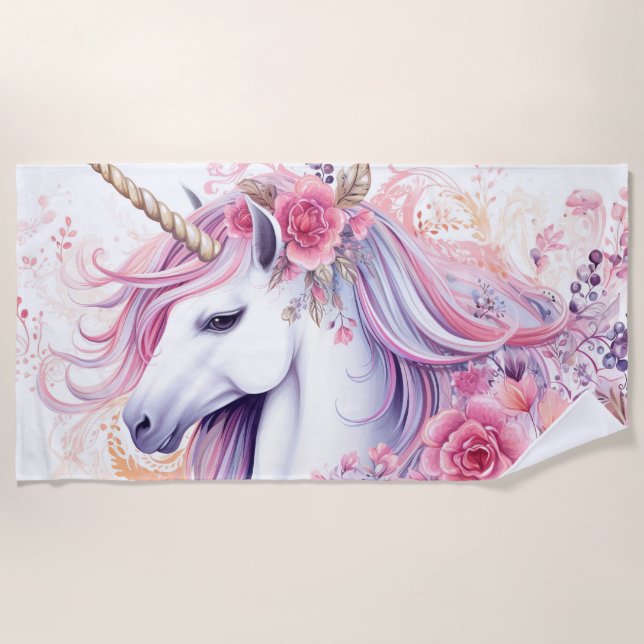 Floral Beautiful Unicorn Beach Towel (Front)