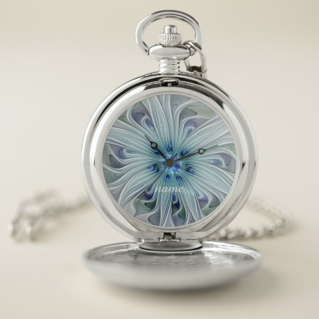 Floral Beauty Abstract Modern Blue Flower, Name Pocket Watch (Inside)
