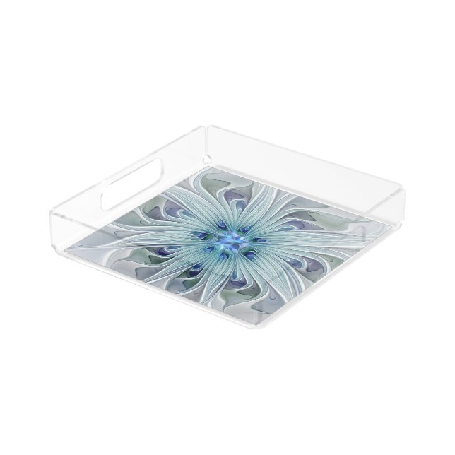 Floral Beauty Abstract Modern Blue Pastel Flower Acrylic Tray (Angled)