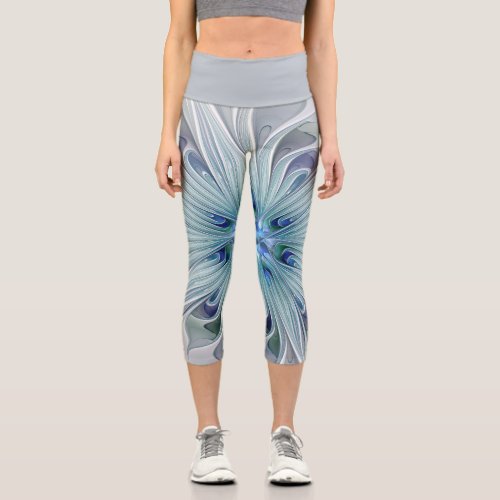 Floral Beauty Abstract Modern Blue Pastel Flower Capri Leggings