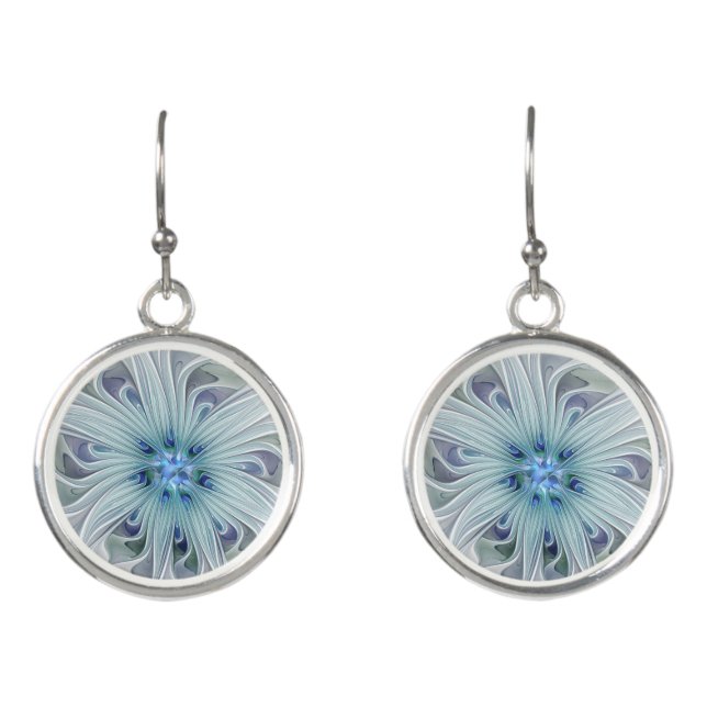 Floral Beauty Abstract Modern Blue Pastel Flower Earrings (Front)