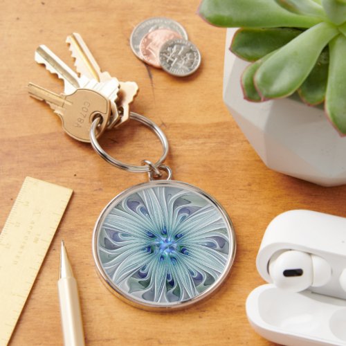 Floral Beauty Abstract Modern Blue Pastel Flower Keychain