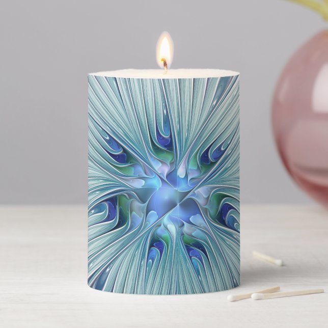 Floral Beauty Abstract Modern Blue Pastel Flower Pillar Candle (In Situ)