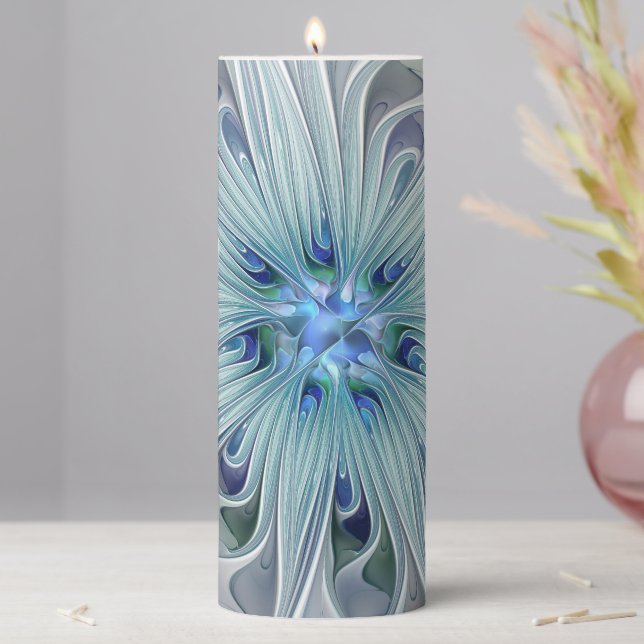 Floral Beauty Abstract Modern Blue Pastel Flower Pillar Candle (In Situ)