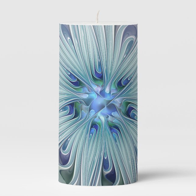 Floral Beauty Abstract Modern Blue Pastel Flower Pillar Candle (Front)