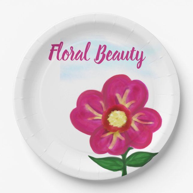 Floral Beauty Bright Pink Flower Paper Plates (Front)