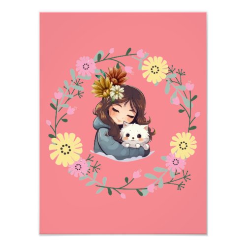 Floral Beauty Cat_Loving Girl Poster Print