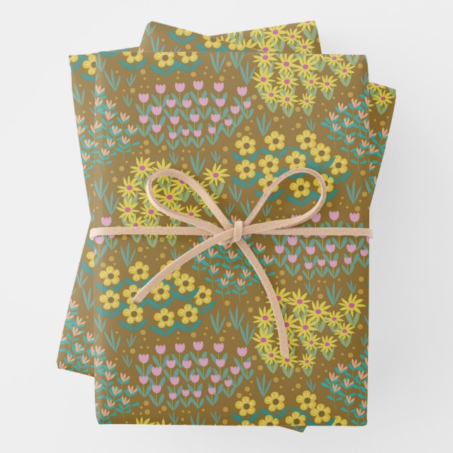 Floral Bed Mustard Wrapping Paper Sheets (In situ)