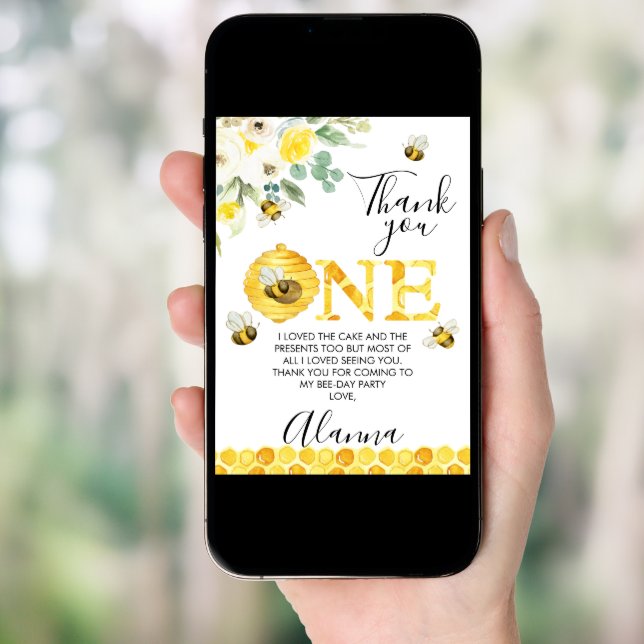 Floral Bee First Bee-day Birthday Thank You Card (Front Digital)