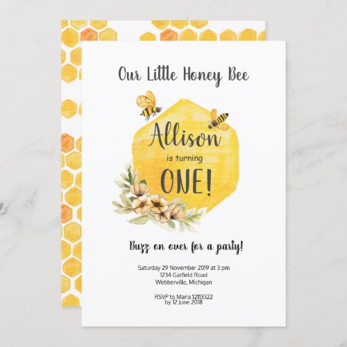 Floral Bee First Birthday Invitation
