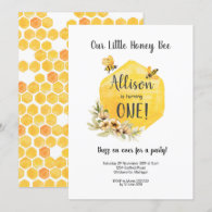 Floral Bee First Birthday Invitation